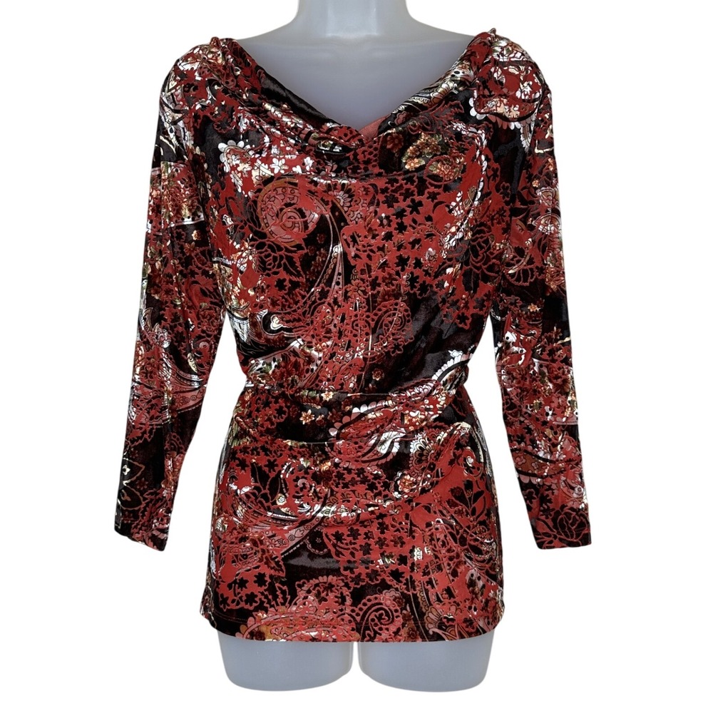 Dressbarn Y2K Women's L Red‎ Paisley Cowl Neck Blouse burnout velvet whimsical
